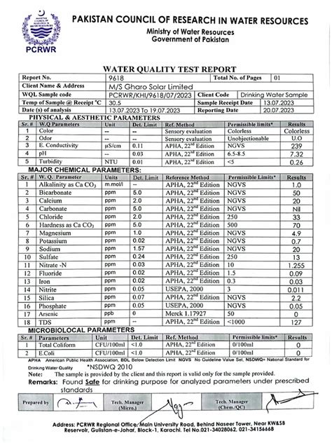 Drinking Water Analysis Report - GSL July-2023 | PDF