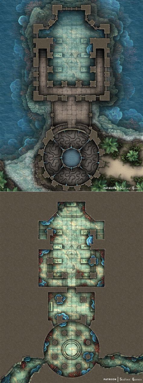 Sunken Coastal Temple 40x30x2 Multi-Level Battlemap Free D&D Battlemap | Seafoot Games on ...