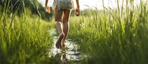 Premium AI Image | Happy child running barefoot outdoors on green grass at sunset representing ...