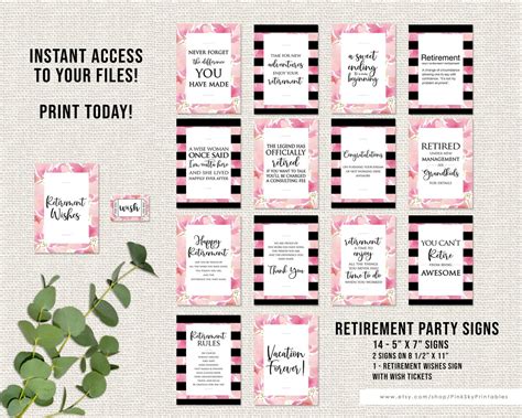 Retirement Party Signs, 5 X 7, INSTANT DOWNLOAD, 14 Fun Signs, 1 Retirement Wishes Sign and ...