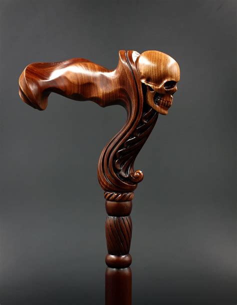 Skull Cane Wooden Walking Stick Ergonomic Palm Grip Handle Wood Carved ...