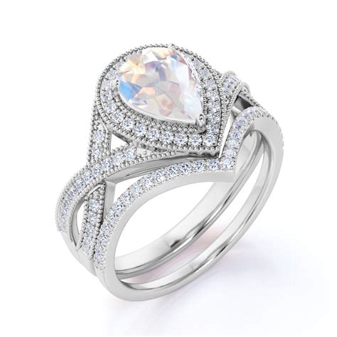 2 Carat Pear Shaped Moonstone Wedding Ring Set in Rose Gold - 2pcs Wed ...