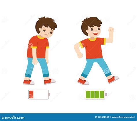 Energetic and Tired or Exhausted Boy and Life Energy Flat Cartoon Colorful Vector Illustration ...