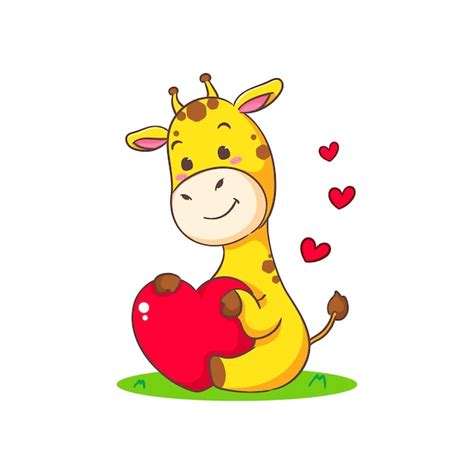 Premium Vector | Cute happy giraffe holding big love heart cartoon ...