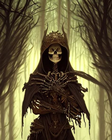 Portrait of a skeleton mage wearing hood, dark | Stable Diffusion