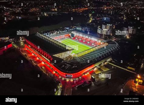 General aerial view of a floodlit Ashton Gate stadium home of English ...