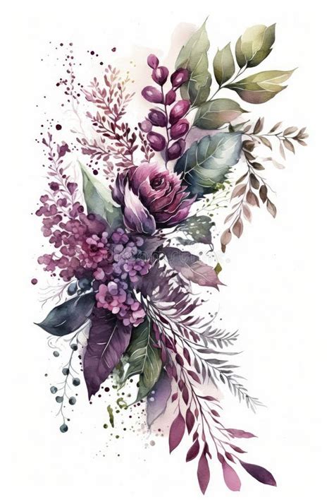 Watercolor Illustration of a Loose Floral Border Bouquet in a Magenta Pink Color Palette on a ...