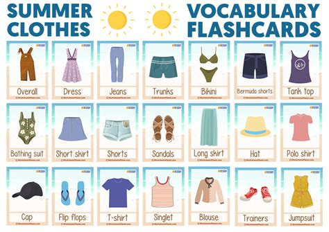 Clothes Vocabulary Flashcards Summer Clothes