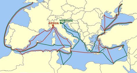 Genoese (red) and Venetian (green) maritime trade routes in the Mediterranean and Black Sea ...