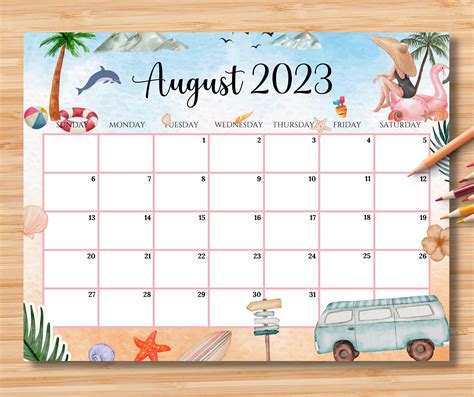 EDITABLE August 2023 Calendar Relaxing Summer at the Beach - Etsy UK