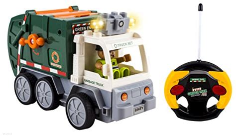 WolVol 4 Channel Electric Remote Control Take-A-Part Garbage Truck Toy with Lights, Can open top ...