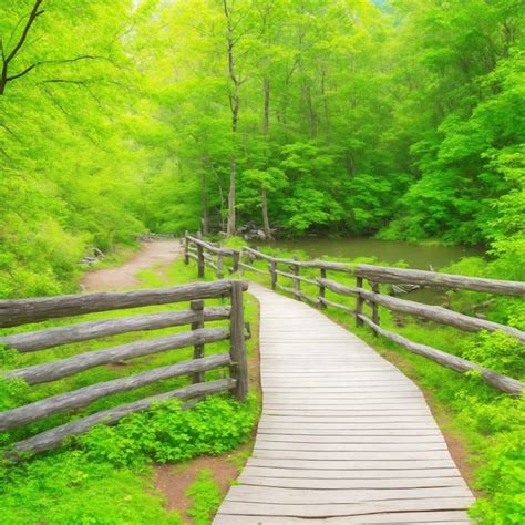 Premium AI Image | Wooden bridge in the forest Beautiful landscape with wooden bridge