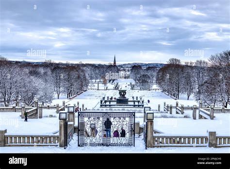 Vigeland Sculpture Park, Oslo, Norway - aerial view of park covered in snow with stone fountain ...