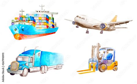 Watercolor collection of cargo transport and logistic vehicle ...