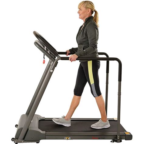 Sunny Health & Fitness Walking Treadmill with Low Wide Deck and Multi-Grip Handrails for Balance ...