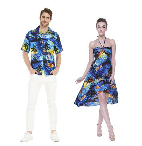 Hawaii Hangover - Couple Matching Hawaiian Luau Party Outfit Set Shirt Dress in Sunset Blue ...