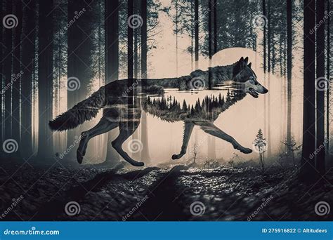 Double Exposure of Wolf Running in Forest, with Moon Shining Overhead Stock Illustration ...