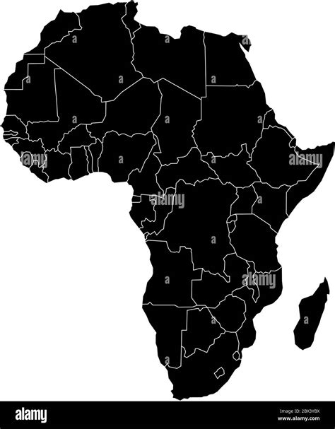 Simple flat black map of Africa continent with national borders isolated on white background ...