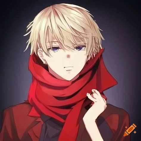 Anime boy with grey eyes, blonde hair, and a red scarf on Craiyon