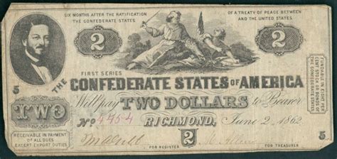 1862 Confederate States of America $2 Two Dollar Richmond Bank Note ...