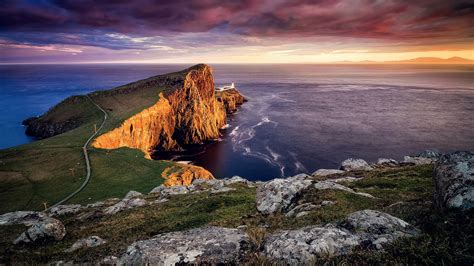 Wallpaper Scotland, Neist point, Skye island, lighthouse, sunset, sea 1920x1200 HD Picture, Image