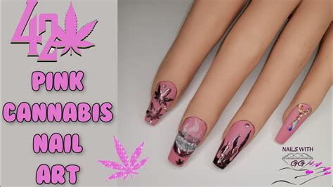 420 Pink Cannabis nails | easy nail art and freehand for beginners | Collab with Helen, Jo ...