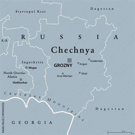 Chechnya, gray political map with capital Grozny and borders. Chechen ...