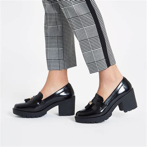 River Island Chunky Tassel Block Heel Loafers in Black - Lyst