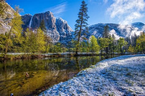 Landscape nature mountain river waterfall trees snow Yosemite CA ...