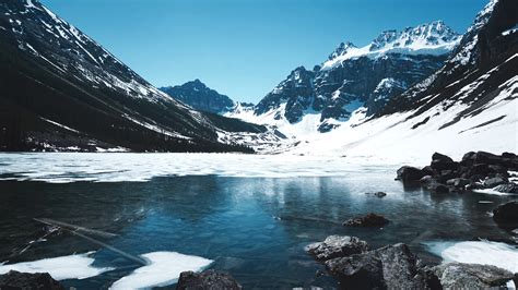 Invierno, nieve, montañas, lago, piedras Fondos de pantalla | 1920x1080 Full HD Fondos de descarga