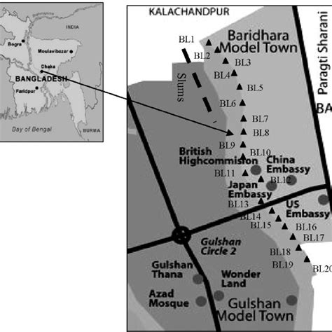 A map showing the sampling sites ( ~ ) in Baridhara Lake, Dhaka ...