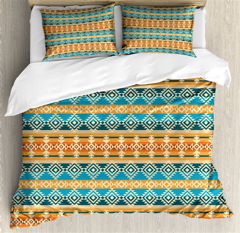 Southwestern Duvet Cover Set, Striped Backdrop with Geometric Tribal Motifs Native Mexican ...