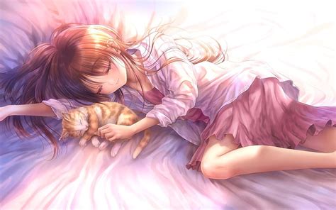 Dormido, dormir, niña, anime, manga, rosa, gato, Fondo de pantalla HD ...