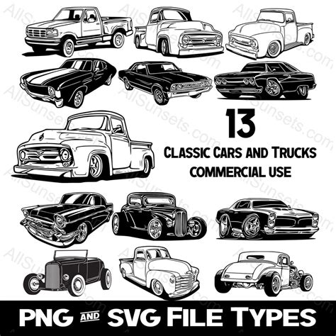 Classic Cars and Trucks 13 Vectors SVG and PNG File Type Vintage ...