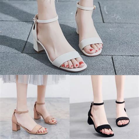 Korean Square-toe Leather Block-Heel Sandals | Shopee Philippines