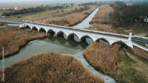 Nine-arched Bridge at Hortobágy, while drone flying over. Nine arches ...