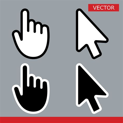 White and black arrow cursors and hand cursors icons signs with rounded angles flat style design ...