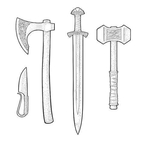 Premium Vector | Set edged weapons viking Knife axe sword and hammer with runes Vintage vector ...