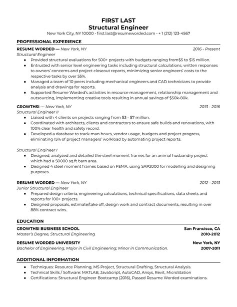 Structural Engineer Resume Example for 2023 | Resume Worded