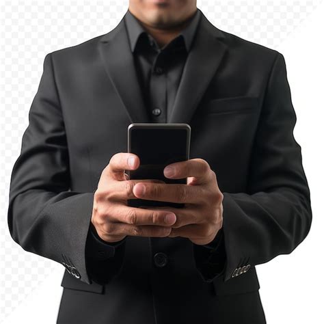Premium PSD | Business man in black suit using and touch screen display on technology smartphone ...