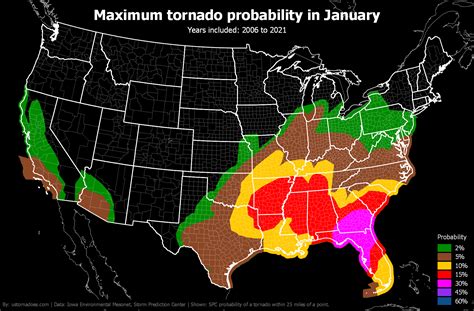 Maximum tornado probabilities by month and year - ustornadoes.com