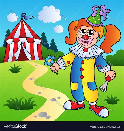 Cartoon clown girl with circus tent Royalty Free Vector