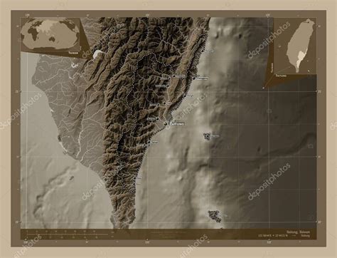 Taitung, county of Taiwan. Elevation map colored in sepia tones with ...