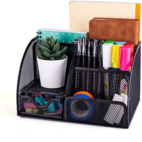 MDHAND Office Desk Organizer and Accessories, Mesh Desk Organizer with 6 Compartments + Drawer ...