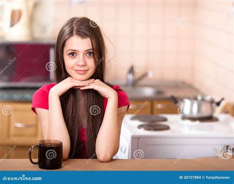 Happy Teen Girl Drinking Coffee At Home Stock Photo - Image of natural ...