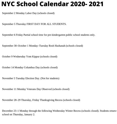 NYC School Calendar 2020- 2021