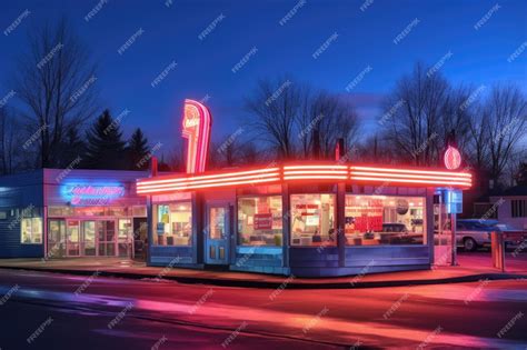 Premium AI Image | Retro diner exterior with neon signs at night ...