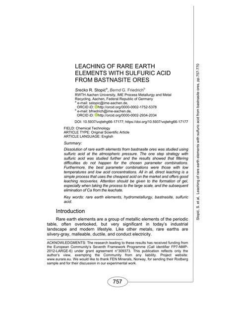 (PDF) Leaching of rare earth elements with sulfuric acid from bastnasite ores