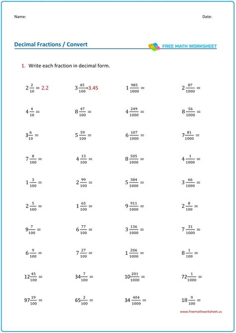 Converting Fractions To Decimals Worksheet Grade 7