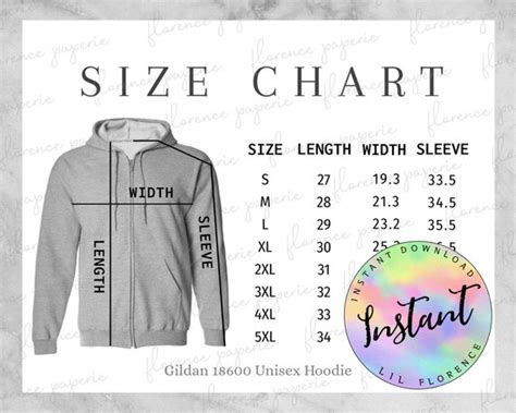 Gildan 18600 Hoodie Size Chart Unisex Full Zip Hooded - Etsy